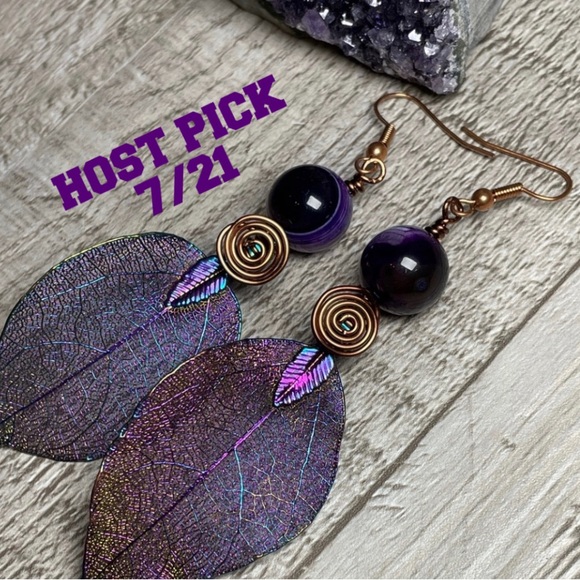 Hand Crafted Jewelry - Hand Crafted Earrings Authentic Purple Laced Agate With Skeleton Leaves